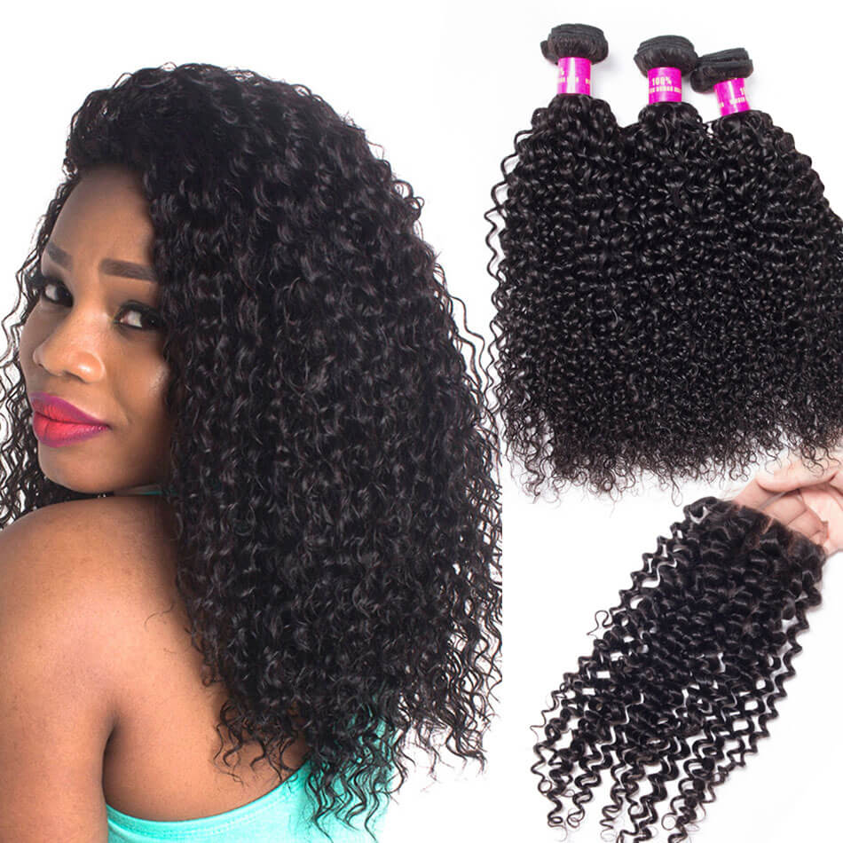 Evan Hair Brazilian Curly Hair Weave 3 Bundles With Lace Closure. 