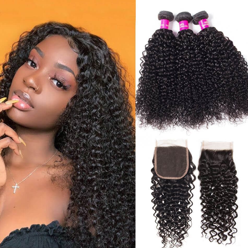 Malaysian Kinky Curly Hair 3 Bundles With Closure Evan Hair 10a