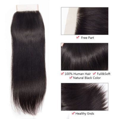 Evanhair Straight Hair 4x4 Lace Closure Free Part – 100% Human Hair, Pre-Plucked & Natural Look