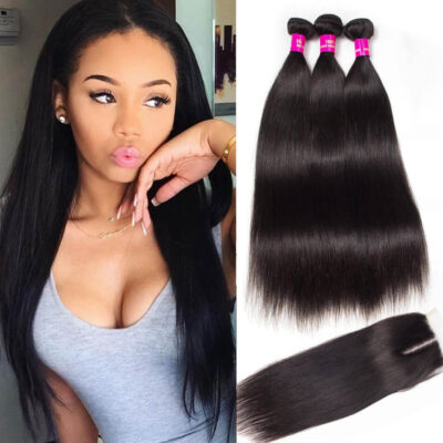 Evanhair Brazilian Straight Hair 3 Bundles with 4×4 Lace Closure – Natural Black, 100% Human Hair, 10-30 Inch, Silky & Soft
