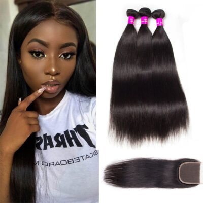 Evanhair Indian Straight Hair 3 Bundles with 4×4 Lace Closure – Natural Black, 100% Human Hair, 10-30 Inch, Silky & Soft