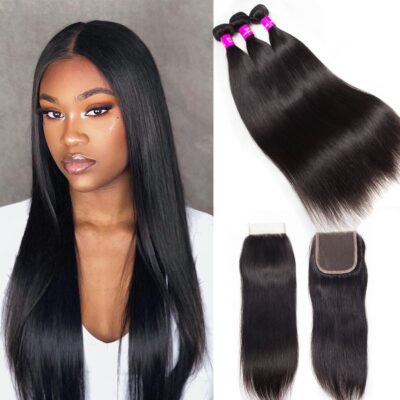 Evanhair Peruvian Straight Hair 3 Bundles with 4×4 Lace Closure – Natural Black, 100% Human Hair, 10-30 Inch, Silky & Soft