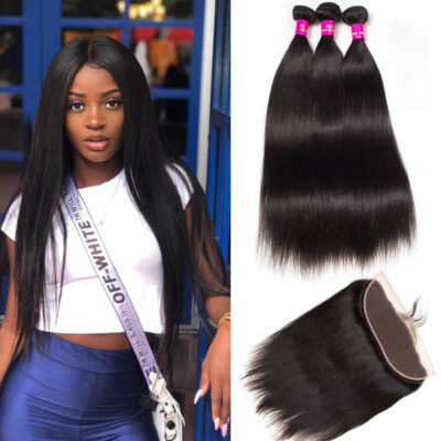 Evanhair Brazilian Straight Hair 3 Bundles with 13×4 Lace Frontal – Natural Black, 100% Human Hair, 10-30 Inch, Silky & Soft