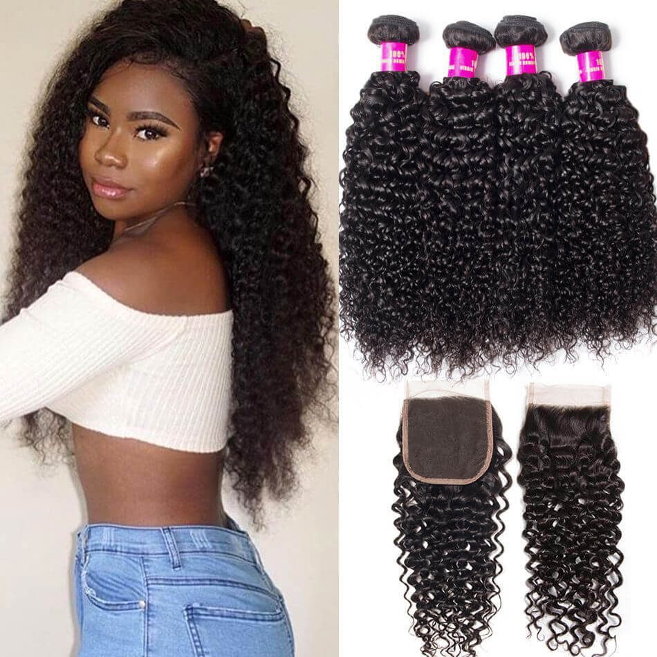 10a Brazilian Curly Hair Weave 4 Bundles With Closure Evan Hair