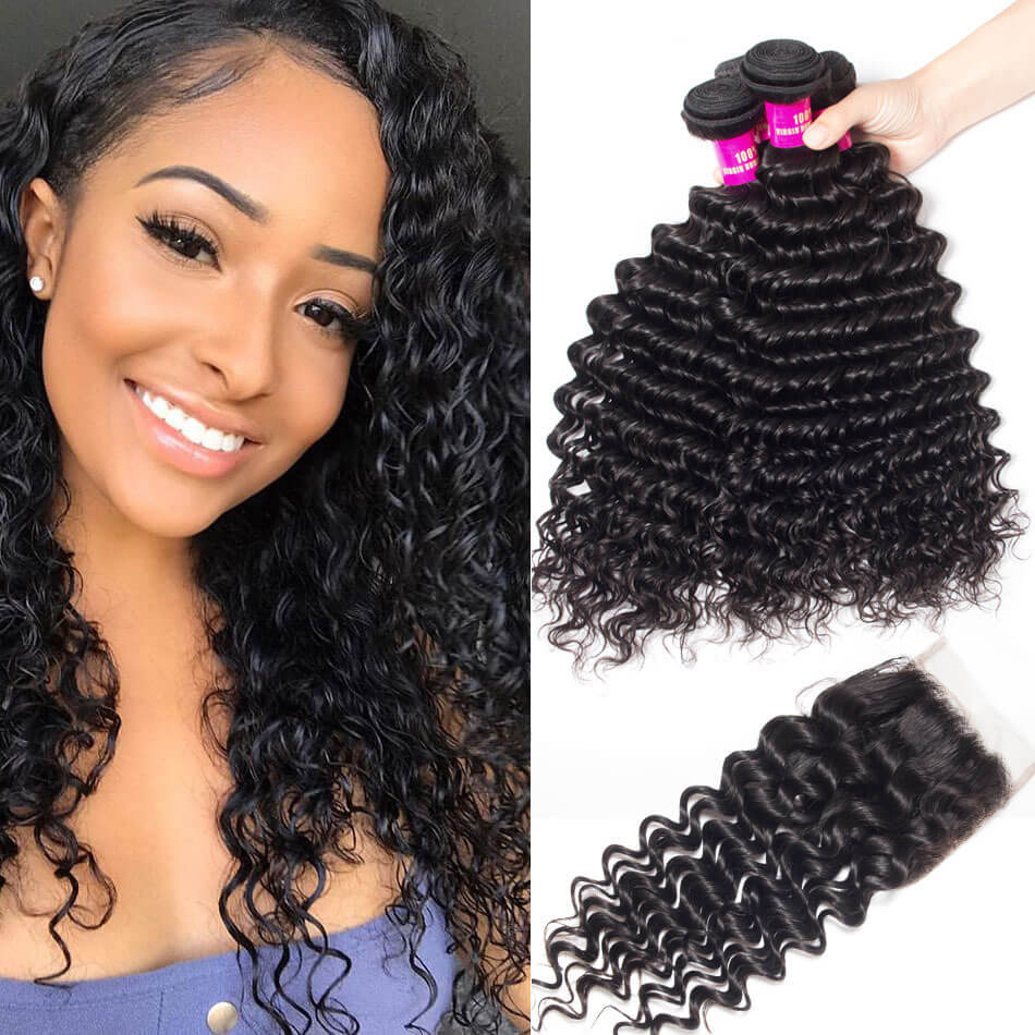 Peruvian Deep Wave With Closure Evan Hair 10a Deep Curly 4 Bundles With Closure 100 Virgin Human Deep Wave Hair