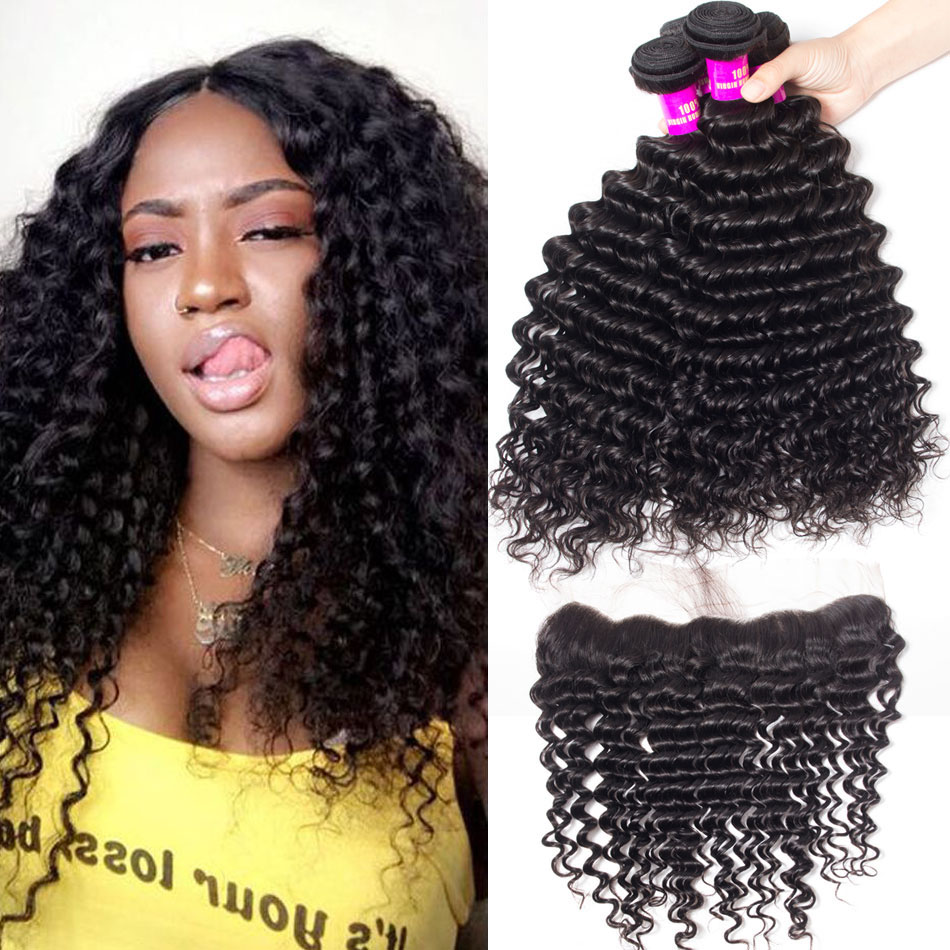 Evan hair Peruvian hair deep wave 4 bundles with frontal