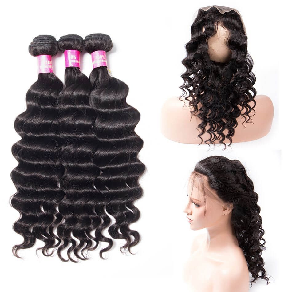 Brazilian Loose Deep Bundles With 360 Frontal 100 Virgin Human