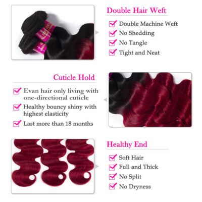 Red Brazilian Body Wave Hair Ombre Burgundy 1B Color 3 Bundles Evan Hair 10A Virgin Human Hair - Image 5