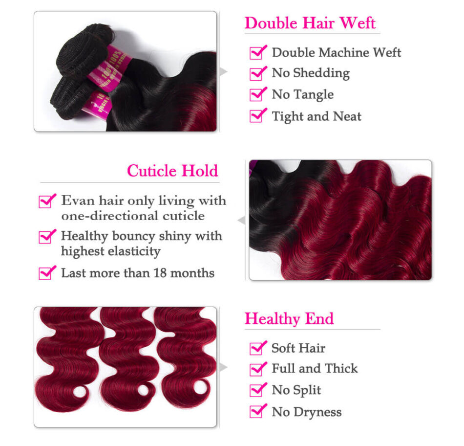 Red Brazilian Body Wave Hair Ombre Burgundy 1B Color 3 Bundles Evan Hair 10A Virgin Human Hair - Image 5