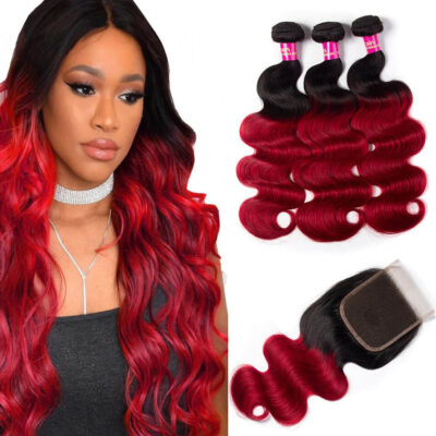red body wave with closure,burgundy body wave with closure,ombre red body wave with closure,red color hair bundles with closure,burgundy hair color with closure