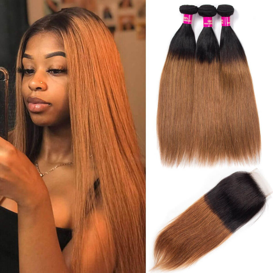 1b/30 straight hair with closure,1b 30 straight hair bundles closure,ombre straight hair with closure,honey blonde hair bundles,3 bundles with closure hair,t1b/30 colored hair bundles and closure