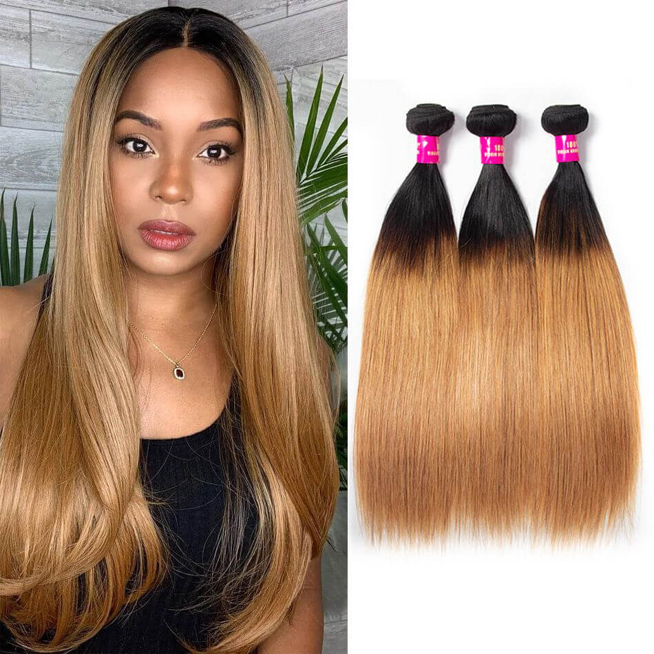 Brazilian Ombre Straight Hair Color T1b/27 Honey Blonde 3 Bundles 100%  Virgin Straight Hair Bundles - Evan Hair