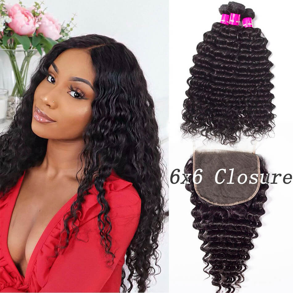 6 6 Lace Closure With Brazilian Deep Wave Hair 3 Bundles Evan Hair Swiss Loose Deep Lace Human Hair Free Part