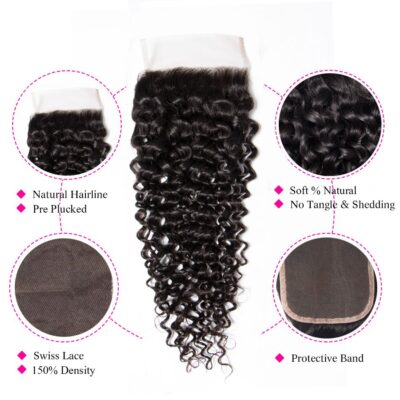 Brazilian Curly Virgin Hair With Transparent Lace Closure 3 Bundles 10A Evan Hair Curly Bundles Transparent Closure - Image 7
