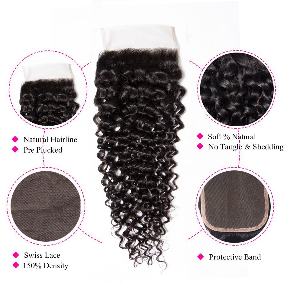 Brazilian Curly Virgin Hair With Transparent Lace Closure 3 Bundles 10A ...