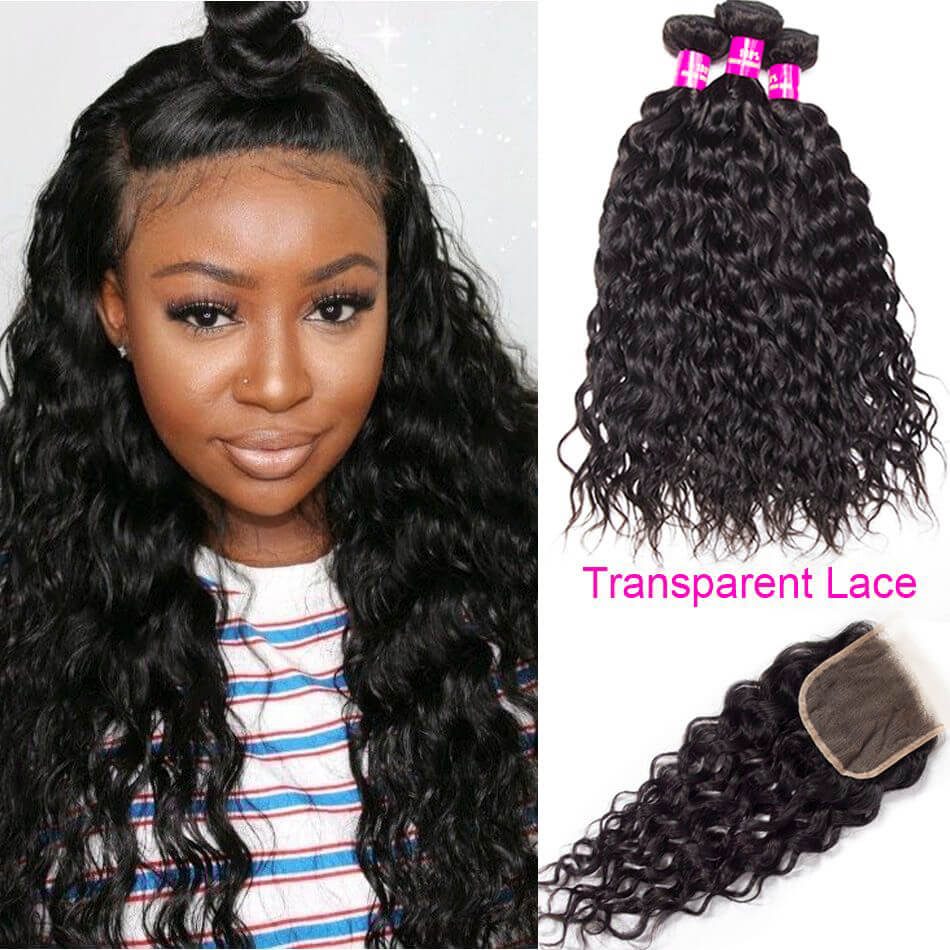 Water Wave 3 Bundles With Transparent Closure 10A Evan Hair Brazilian Wet and Wavy Bundles Transparent Closure - Image 1