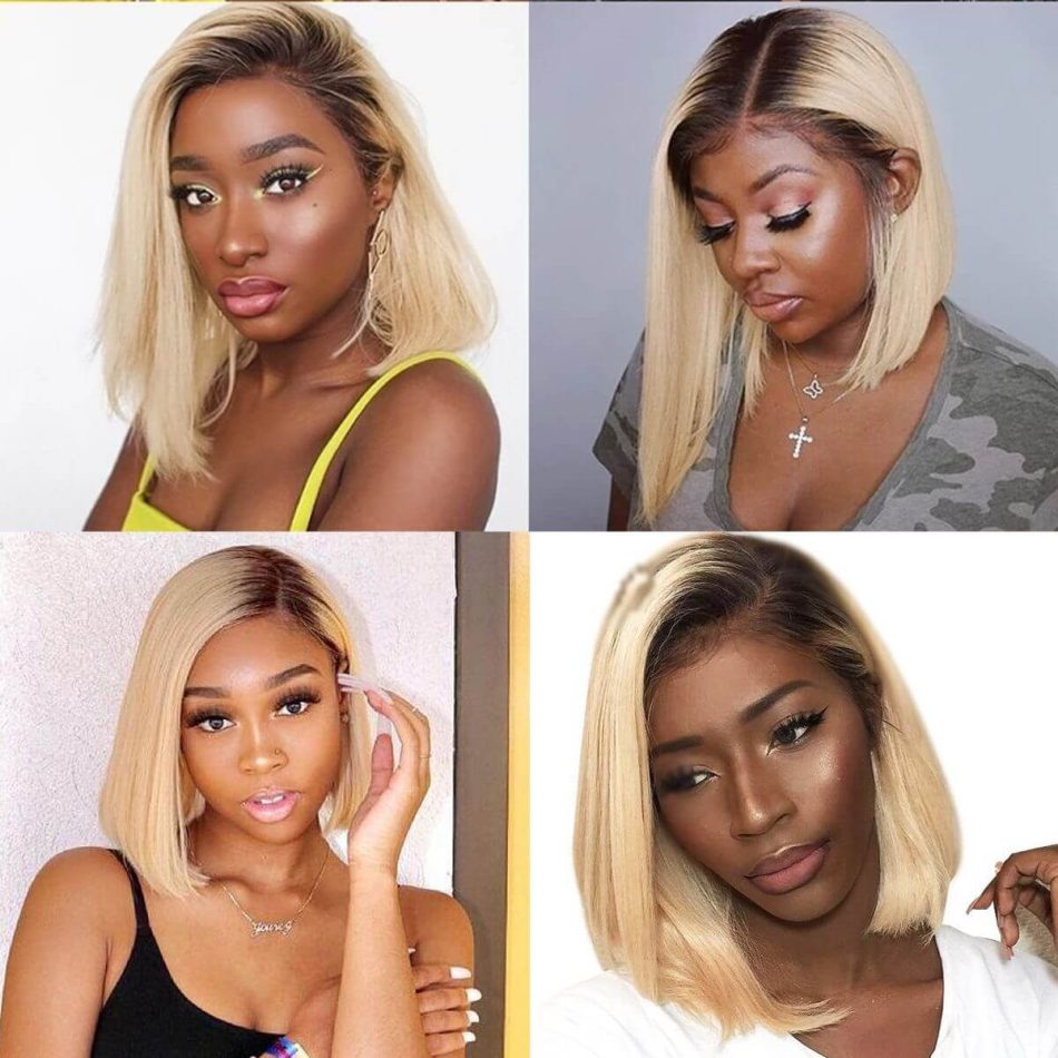 Blonde Straight Bob Wig With Dark Roots 180% Density Human Hair Lace Front - Image 7