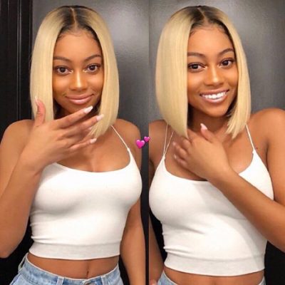 Blonde Straight Bob Wig With Dark Roots 180% Density Human Hair Lace Front - Image 4