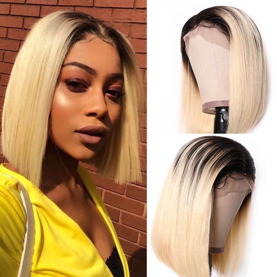Blonde Straight Bob Wig With Dark Roots 180% Density Human Hair Lace Front - Image 1