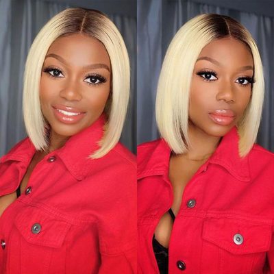 Blonde Straight Bob Wig With Dark Roots 180% Density Human Hair Lace Front - Image 5