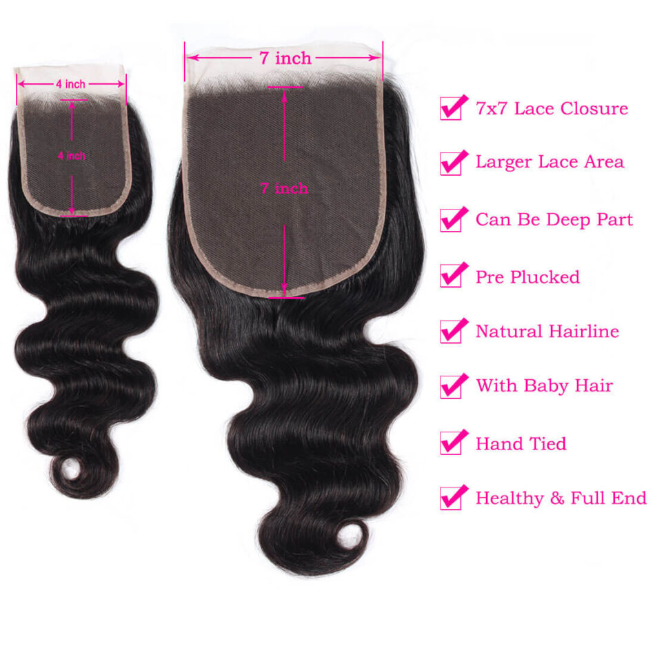 Deep Part 7×7 Body Closure With Brazilian Body Wave Bundles Swiss Lace Lagre Closure 100% Virgin Human Hair - Image 4