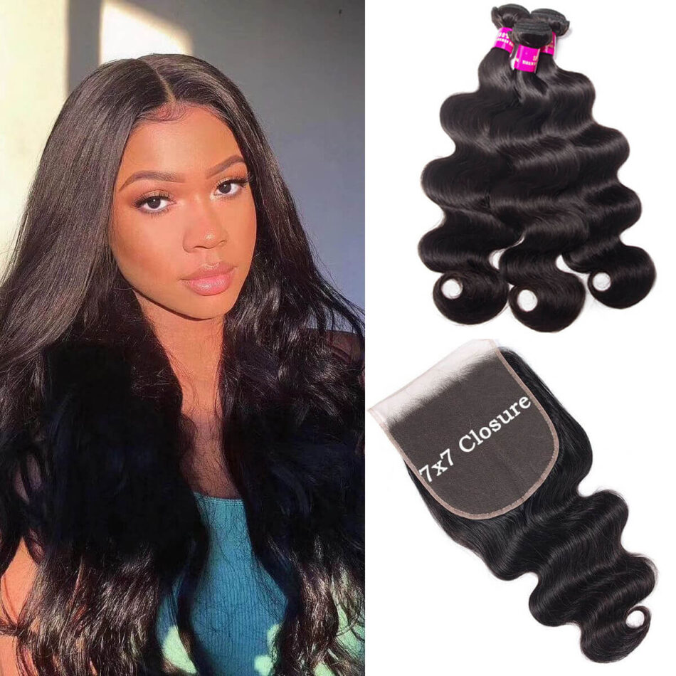 Deep Part 7×7 Body Closure With Brazilian Body Wave Bundles Swiss Lace Lagre Closure 100% Virgin Human Hair - Image 1