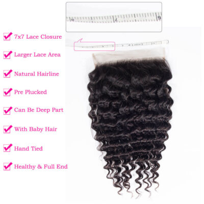 Deep Wave Hair with 7×7 Lace Closure Deep Part Swiss Lace Lagre Closure 100% Virgin Human Hair - Image 5