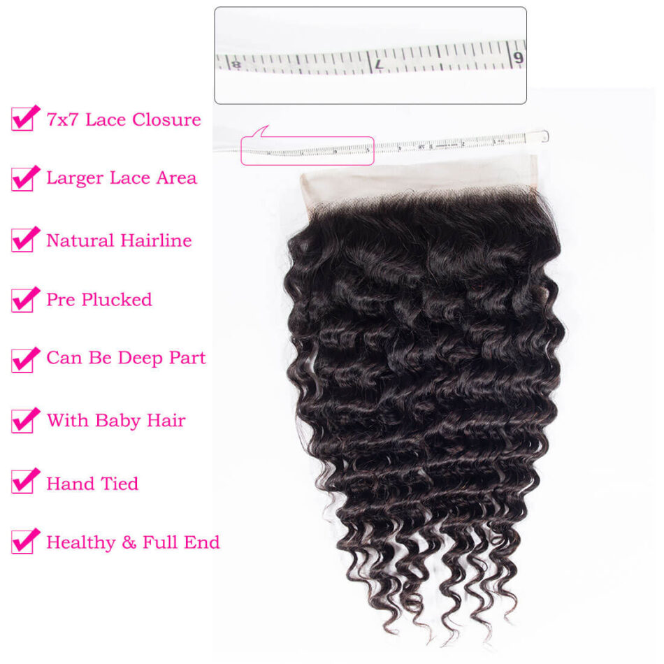 Deep Wave Hair with 7×7 Lace Closure Deep Part Swiss Lace Lagre Closure 100% Virgin Human Hair - Image 5