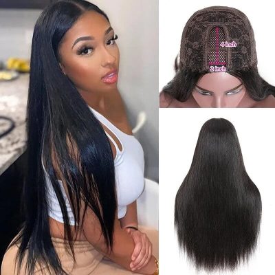 U Part Straight Wig Human Hair Glueless Machine Made 180% Density Natural Look - Image 6