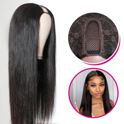 U Part Straight Wig Human Hair Glueless Machine Made 180% Density Natural Look - Image 7