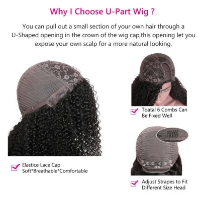 Right Side U Part Wig Kinky Curly Brazilian Human Hair 180% Density 2*4 Opening Natural Color - Image 5