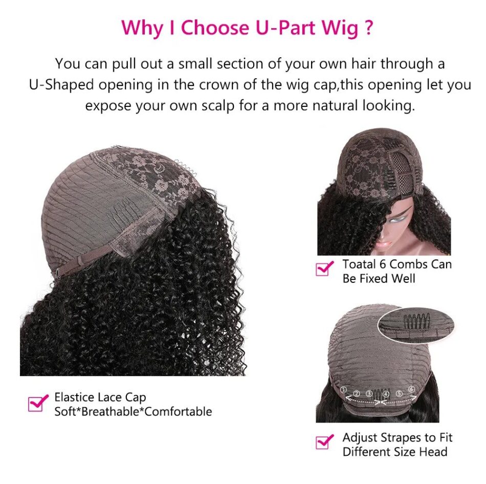 Right Side U Part Wig Kinky Curly Brazilian Human Hair 180% Density 2*4 Opening Natural Color - Image 5