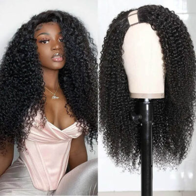 Right Side U Part Wig Kinky Curly Brazilian Human Hair 180% Density 2*4 Opening Natural Color - Image 3