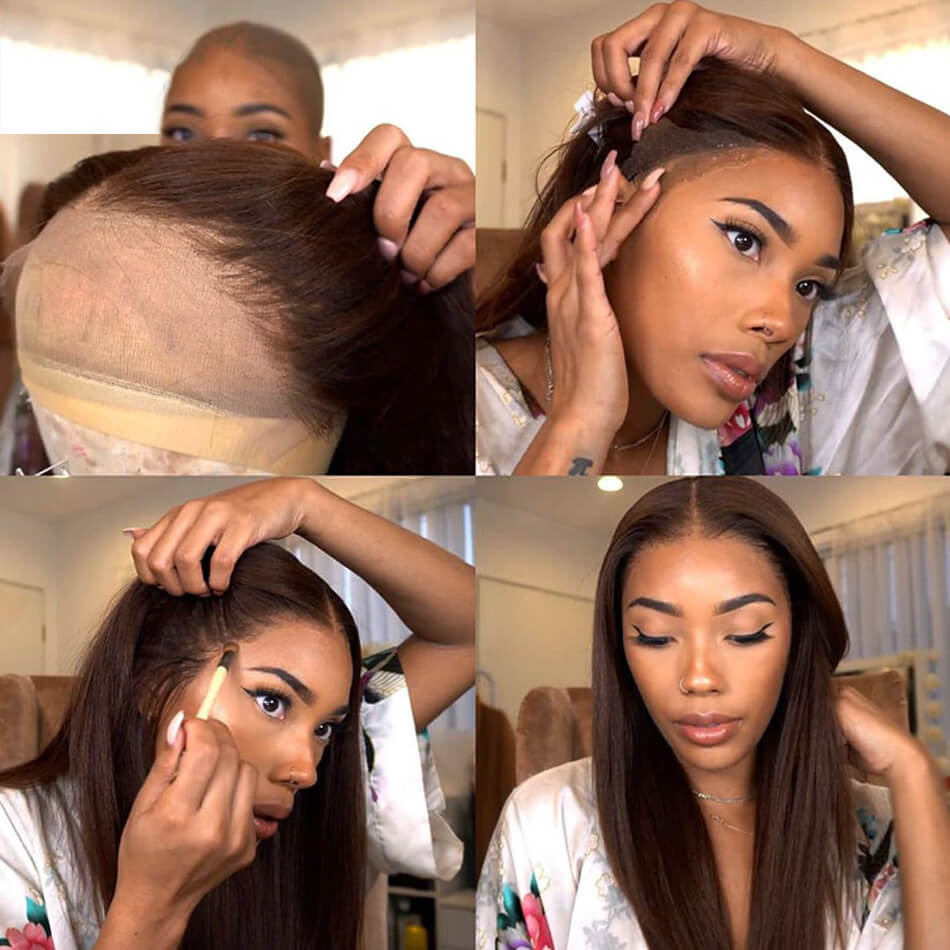 4# Straight Hair Frontal Wig,Brown Frontal Wig,4# Straight Frontal Wig,Brow Highlighted Straight Hair Wig,Cheap Brown Lace Frontal Wigs