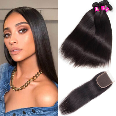 Evanhair Malaysian Hair 4 Bundles with 4×4 Lace Closure – Natural Black, 100% Human Hair, 10-30 Inch, Silky & Soft