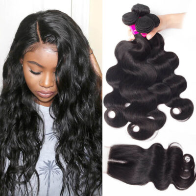 Evanhair Brazilian Body Wave Hair 4 Bundles with 4×4 Lace Closure – Natural Black, 100% Human Hair, 10-30 Inch, Silky & Soft