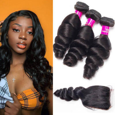 Evanhair Brazilian Loose Wave Hair 3 Bundles with 4×4 Lace Closure – Natural Black, 100% Human Hair, 10-30 Inch, Silky & Soft