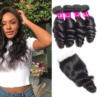 Evanhair Brazilian Loose Wave Hair 4 Bundles with 4×4 Lace Closure – Natural Black, 100% Human Hair, 10-30 Inch, Silky & Soft