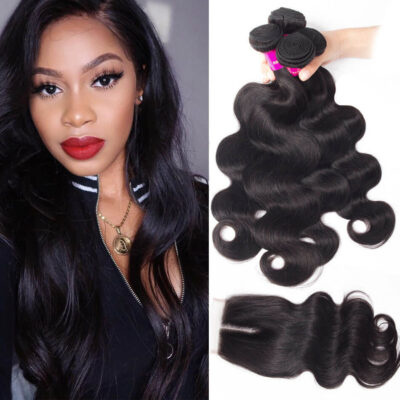 Evanhair Indian Body Wave Hair 4 Bundles with 4×4 Lace Closure – Natural Black, 100% Human Hair, 10-30 Inch, Silky & Soft
