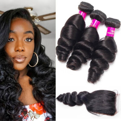 Evanhair Indian Loose Wave Hair 3 Bundles with 4×4 Lace Closure – Natural Black, 100% Human Hair, 10-30 Inch, Silky & Soft