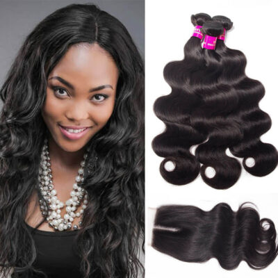 Evanhair Peruvian Body Wave Hair 3 Bundles with 4×4 Lace Closure – Natural Black, 100% Human Hair, 10-30 Inch, Silky & Soft