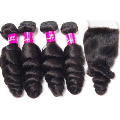 Evanhair Loose Wave Hair Bundles with 4×4 Lace Closure – Natural Black, 100% Human Hair, 10-30 Inch, Silky & Soft