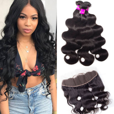 Evanhair Peruvian Body Wave Hair 3 Bundles with 13×4 Lace Frontal – Natural Black, 100% Human Hair, 10-30 Inch, Silky & Soft
