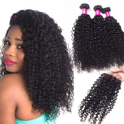 Evanhair Brazilian curly Hair 3 Bundles with 4×4 Lace Closure – Natural Black, 100% Human Hair, 10-30 Inch, Silky & Soft