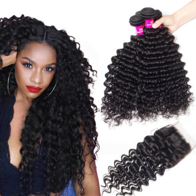 Evanhair Brazilian Deep Wave Hair 4 Bundles with 4×4 Lace Closure – Natural Black, 100% Human Hair, 10-30 Inch, Silky & Soft