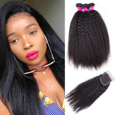Evanhair Brazilian Kinky Straight Hair 3 Bundles with 4×4 Lace Closure – Natural Black, Yaki Texture, 100% Human Hair, 10-30 Inch, Silky & Soft