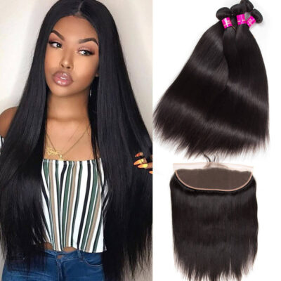 Evanhair Brazilian Straight Hair 4 Bundles with 13×4 Lace Frontal – Natural Black, 100% Human Hair, 10-30 Inch, Silky & Soft