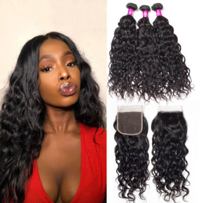 Evanhair Brazilian Water Wave Hair 3 Bundles with 4×4 Lace Closure – Natural Black, Wet and Wavy 100% Human Hair, 10-30 Inch, Silky & Soft