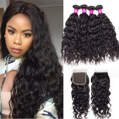 Evanhair Brazilian Water Wave Hair 4 Bundles with 4×4 Lace Closure – Natural Black, Wet and Wavy 100% Human Hair, 10-30 Inch, Silky & Soft