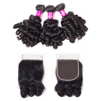 Evanhair Funmi Hair 3 Bundles with 4×4 Lace Closure – Natural Black, Bouncy Curly Texture, 100% Human Hair, 10-30 Inch, Silky & Soft
